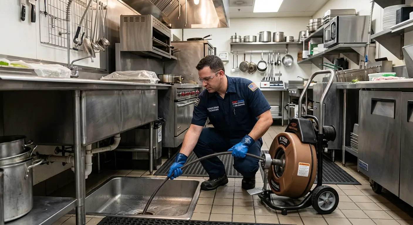Commercial drain cleaning service in a restaurant kitchen in Key Biscayne