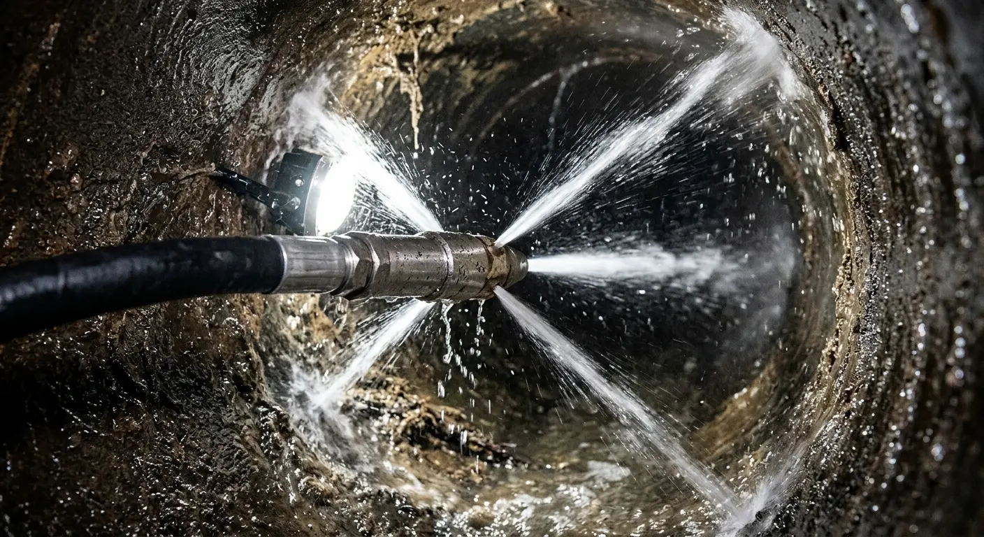 High-pressure hydro jetting nozzle cleaning sewer pipe for Sewer Cleanout in Key Biscayne