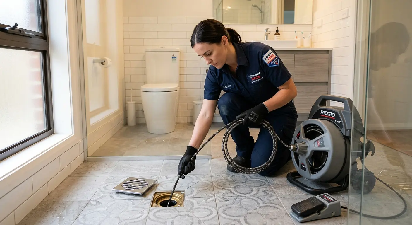 Technician clearing a bathroom floor drain for Hydro Jetting in Key Biscayne